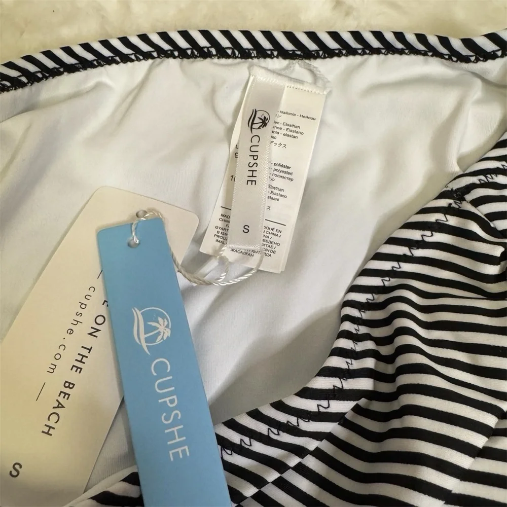 CUPSHE Ruffle Bandeau Bikini With High Waisted Bottom NWT SM Peach Black White - Picture 14 of 17